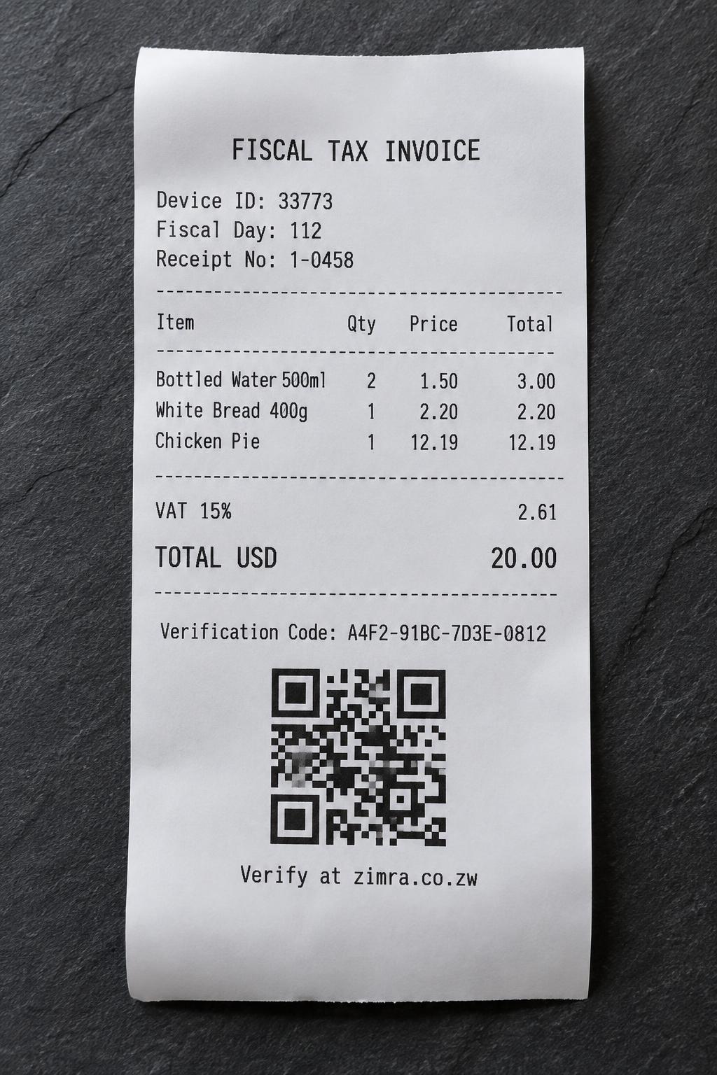 Printed ZIMRA fiscal tax invoice with device ID, fiscal day, VAT and verification QR code