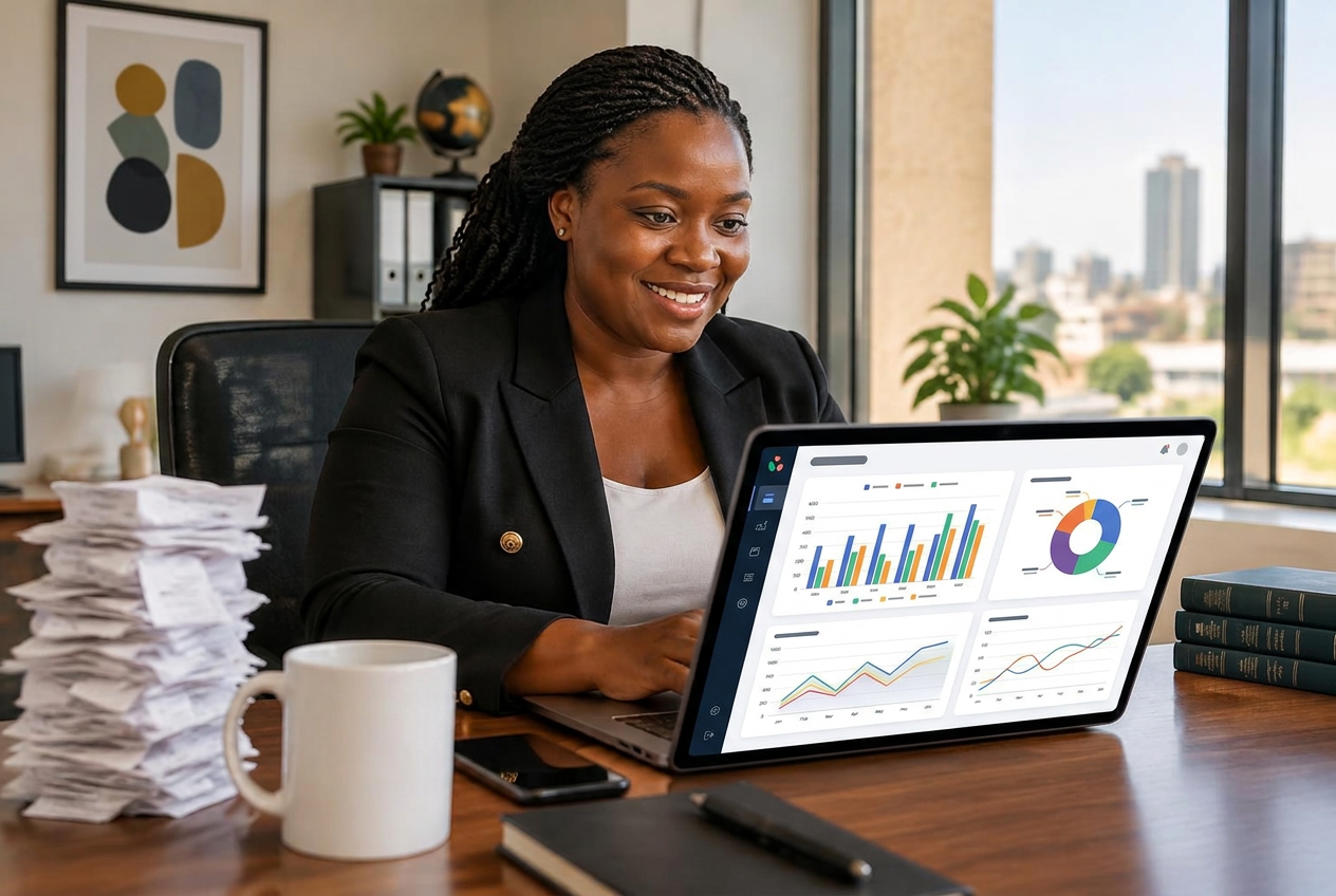 Business owner reviewing her daily fiscal report on a laptop