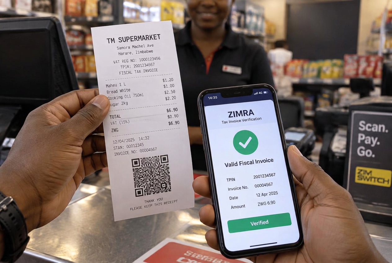 Customer scanning the QR code on a fiscal receipt with a phone showing a verified result
